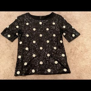 J. Crew sequin top black and white polka dot